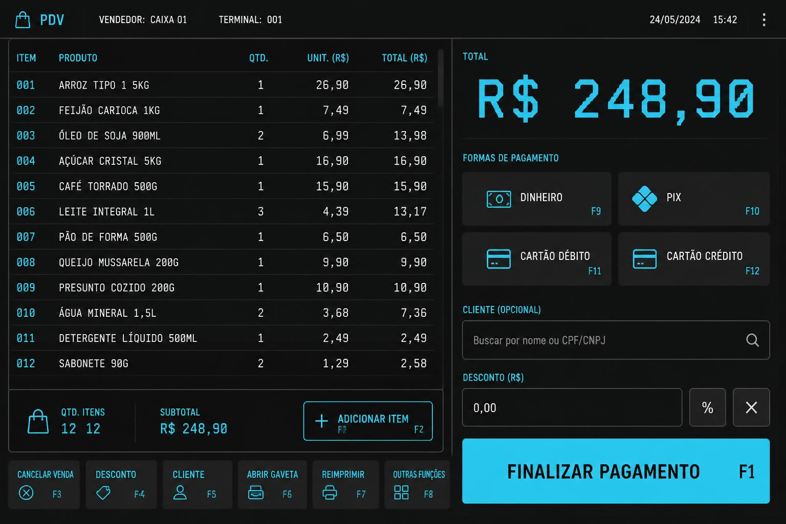 Tela do PDV (frente de caixa) do CS Gestão Comercial com lista de produtos lançados, quantidade, preço unitário e total em reais, total da venda em destaque (R$ 248,90) e botões para Dinheiro, Pix, Cartão de Débito e Cartão de Crédito com atalhos de teclado.